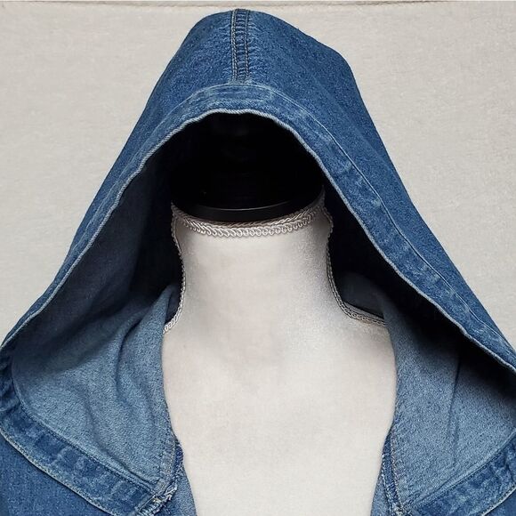 VINTAGE 1990s Sag Harbor Stone Wash Full-zip Hooded Denim Shacket Jacket Medium - Picture 5 of 16
